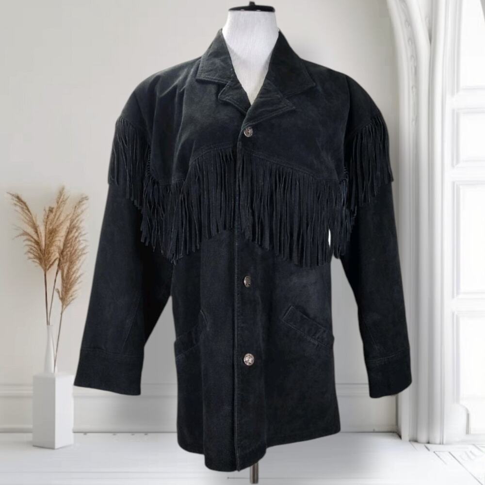 Vintage 90s Minnetonka Black Suede Fringe Western Jacket M Cowboy Boho Rodeo